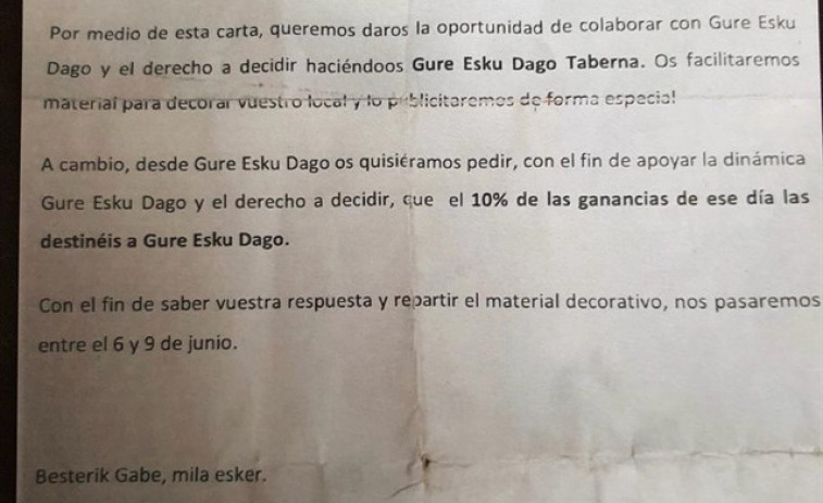 Una plataforma independentista apoyada por el PNV pidió un 10% de la recaudación a los bares