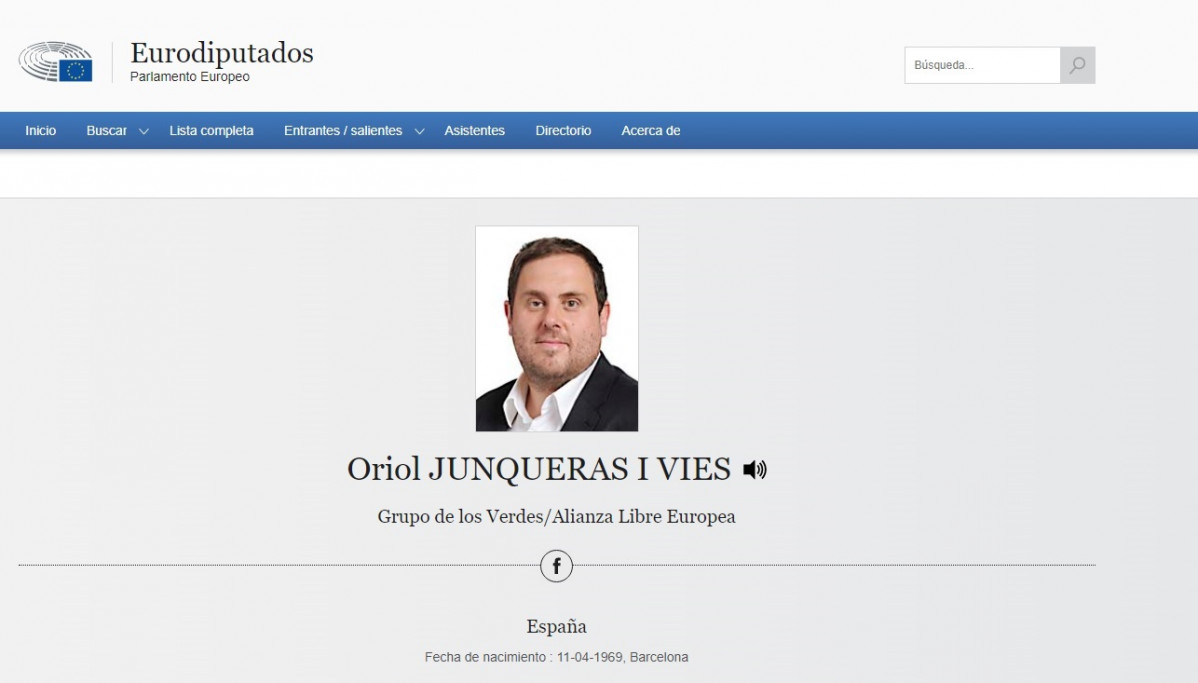 Perfil del exvicepresident y líder de ERC, Oriol Junqueras, en la web del Parlamento Europeo