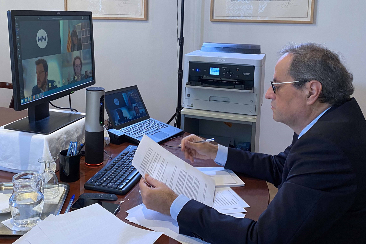 El president del Govern, Quim Torra, en la reunió telemàtica del Consell Executiu.