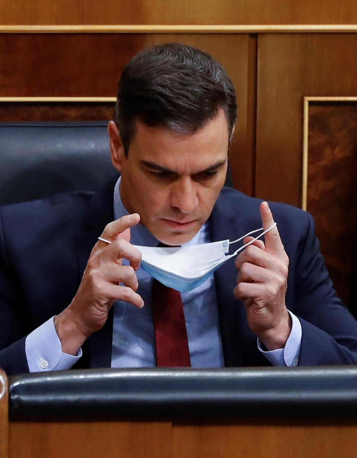 El presidente del Gobierno, Pedro Sánchez, al inicio este miércoles en el Congreso del debate de la quinta prórroga del estado de alarma, en Madrid (España), a 20 de mayo de 2020.