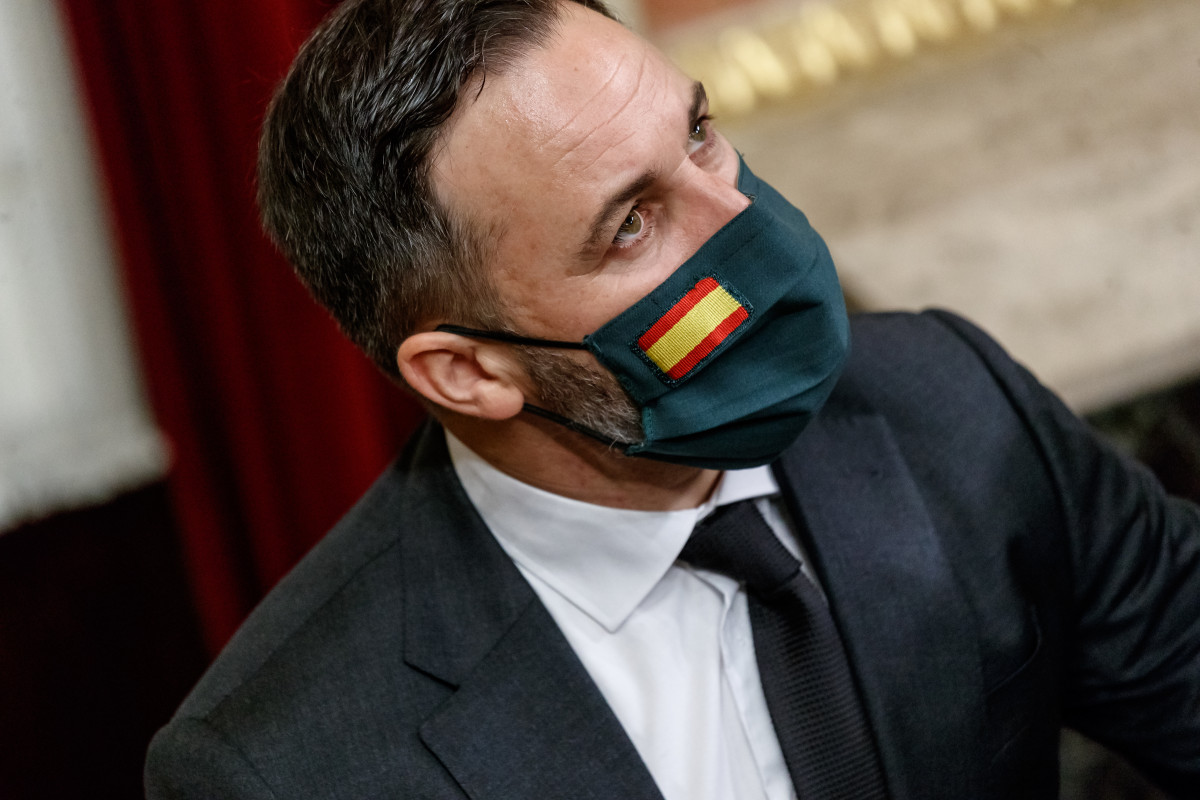 El presidente de VOX, Santiago Abascal, con una mascarilla con la bandera de España durante la sesión del Parlamento en la que se ejerce el control al Gobierno y se trata la sexta prórroga del esta
