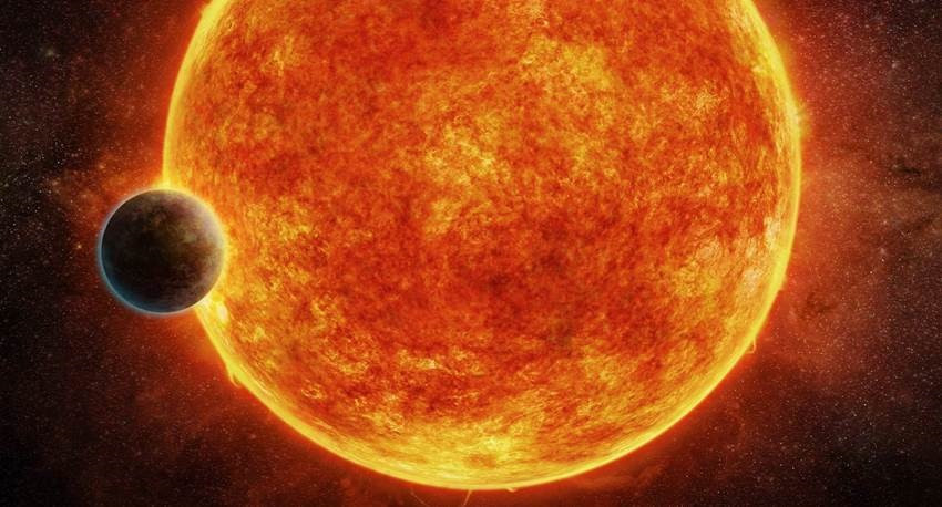Concepción artística de una supertierra orbitando una estrella enana roja