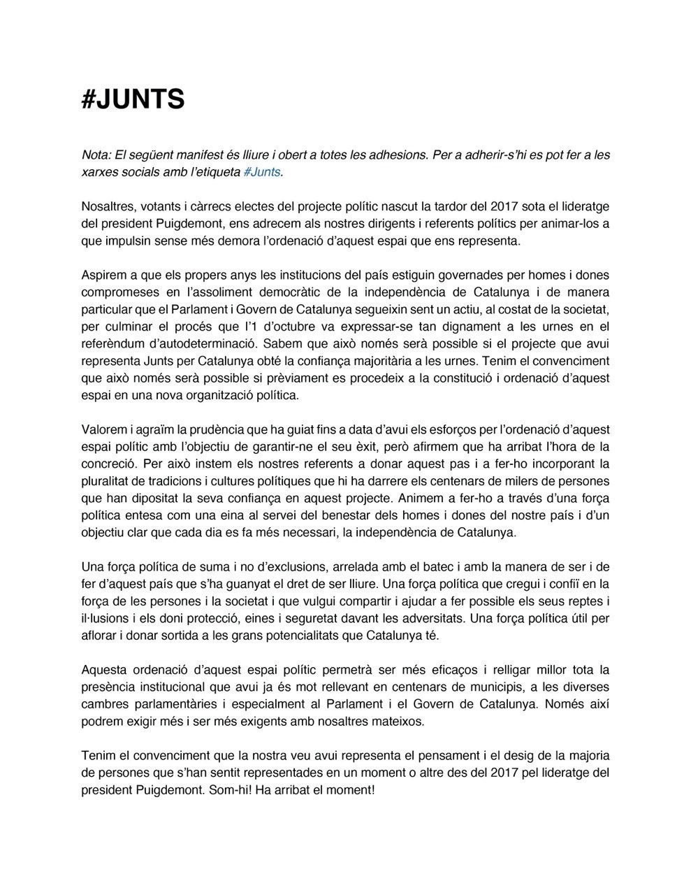 EuropaPress 3210578 manifiesto apoyado dirigentes afines jxcat urge reordenar espacio politico