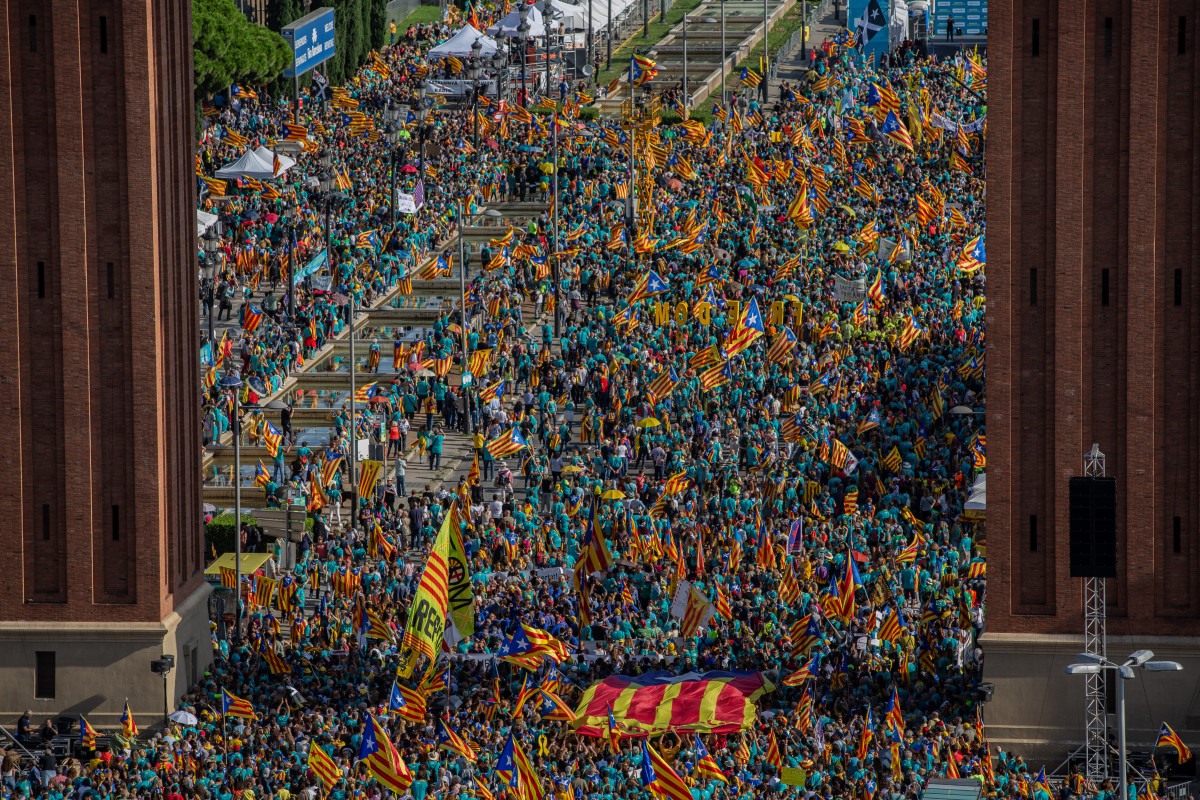 Cientos de personas con banderas de la estelada (bandera independentista catalana) durante la manifestación convocada por la ANC dentro de los actos de la Diada de Cataluña 2019, en Barcelona (Espa