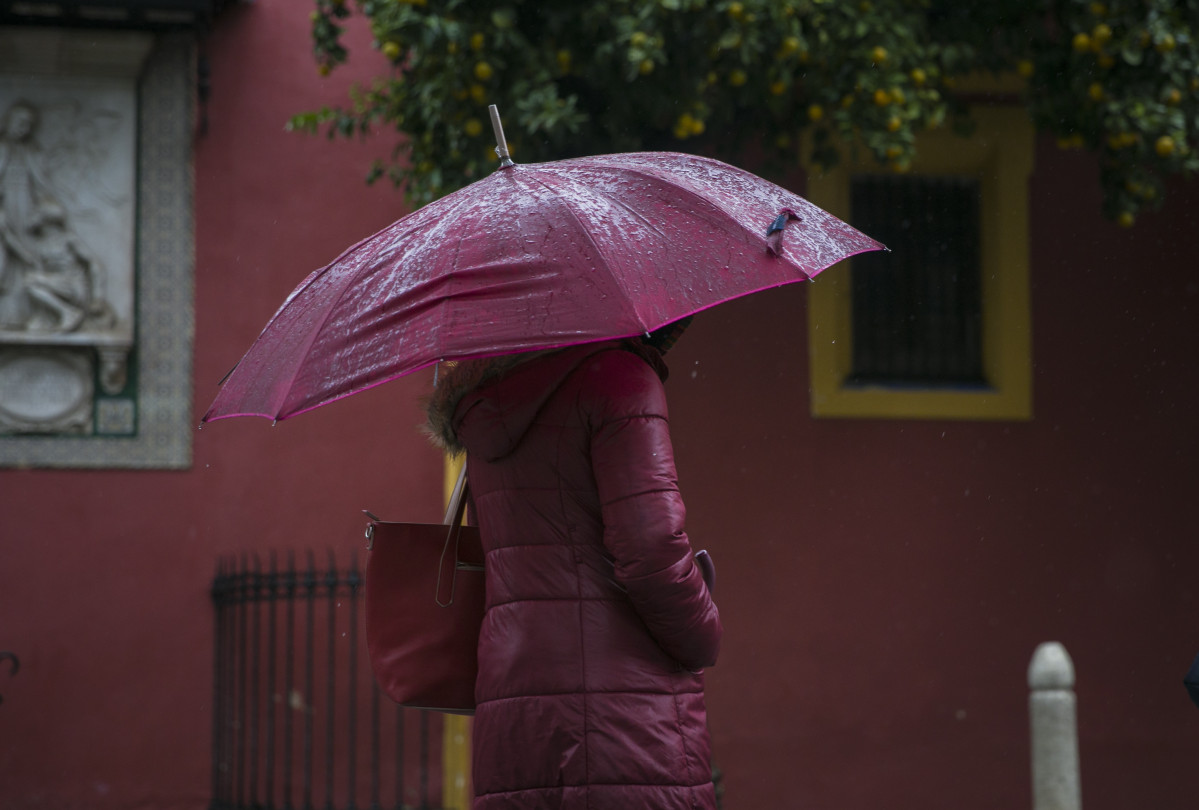 Una dona es protegeix de la pluja a la plaça de San Lorenzo. Sevilla, 22 de novembre del 2019.