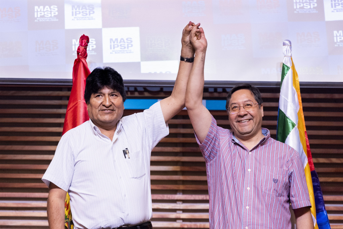 L'expresident de Bol&iacute;via Evo Morales i el candidat del MAS Luis Arce