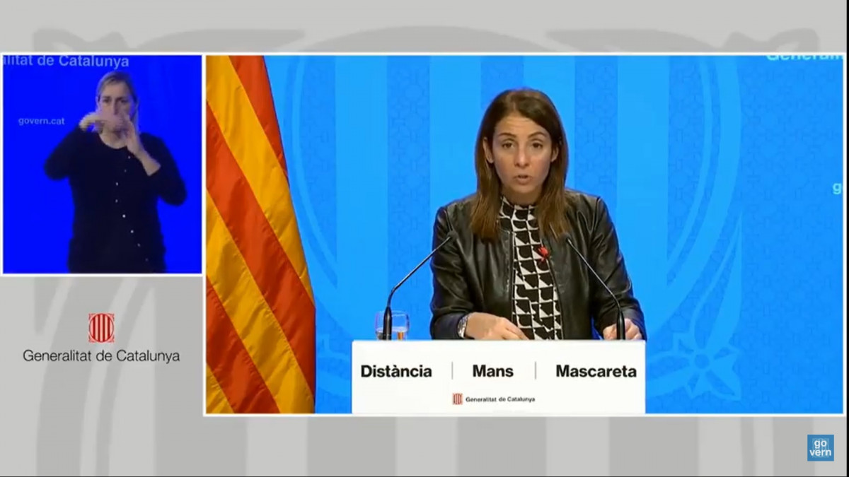 La consellera de Presidència i portaveu del Govern, Meritxell Budó, en una conferència de premsa telemàtica.