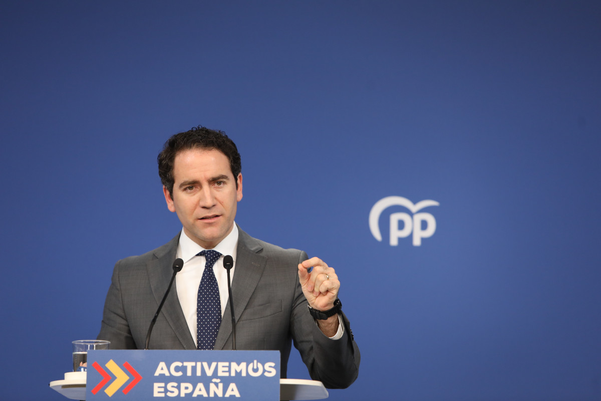 El secretario general del Partido Popular, Teodoro García Egea, ofrece una rueda de prensa en la sede nacional del partido tras el Comité de Dirección, en Madrid (España), a 19 de enero de 2021.