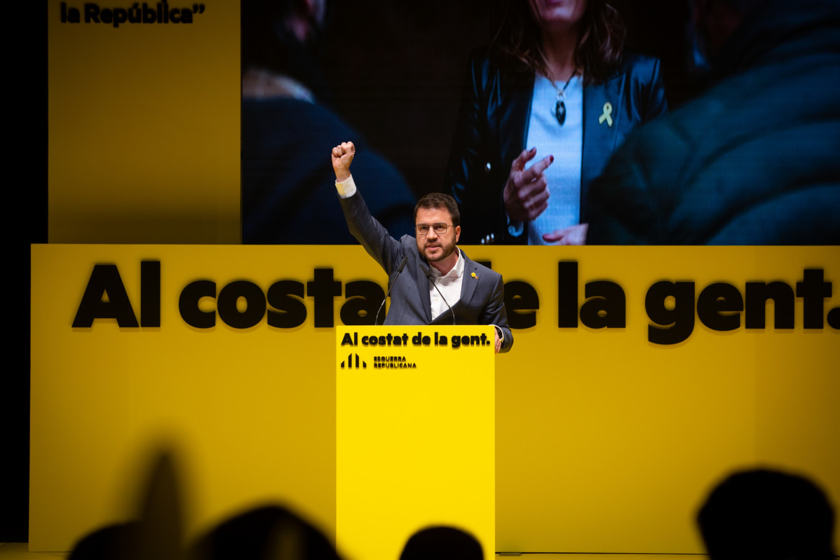 El vicepresidente de la Generalitat en funciones y candidato de ERC, Pere Aragonès, en el mitin de inicio de campaña de ERC.