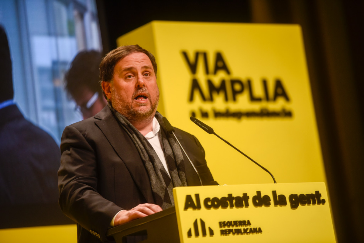 El líder d'ERC, Oriol Junqueras, en un míting a Vilanova i la Geltrú (Barcelona).