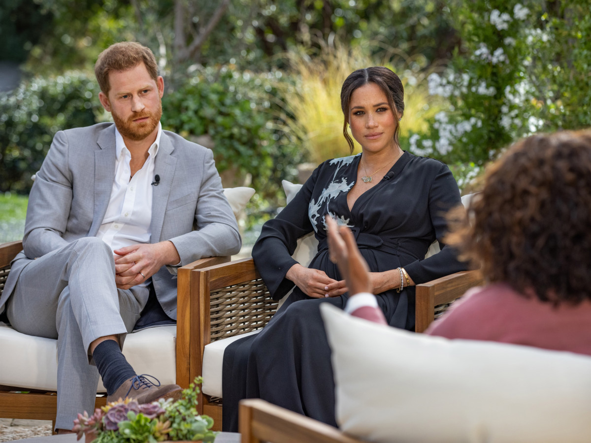 In this handout image provided by Harpo Productions and released on March 5, 2021, Oprah Winfrey interviews Prince Harry and Meghan Markle on A CBS Primetime Special premiering on CBS on March 7, 2021