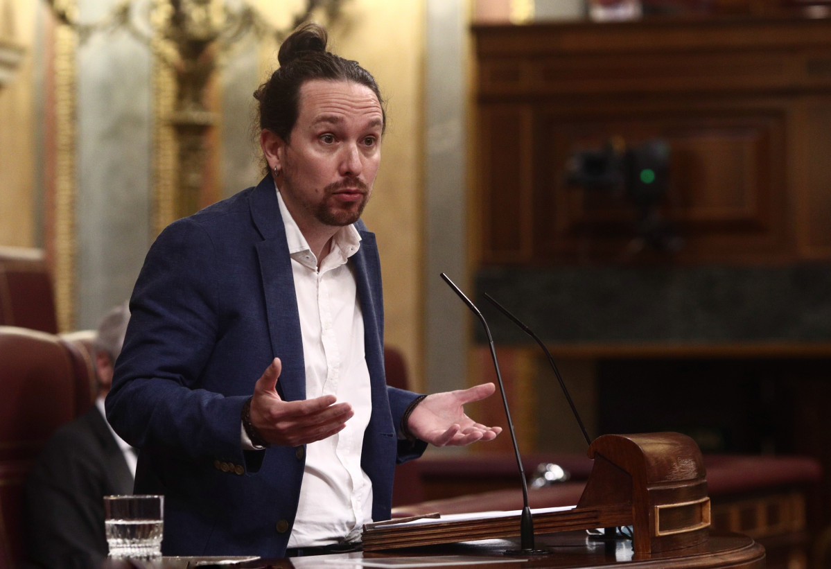 El vicepresidente segundo del Gobierno, Pablo Iglesias, interviene durante una sesión de control al Gobierno en el Congreso de los Diputados, en Madrid (España), a 10 de marzo de 2021.