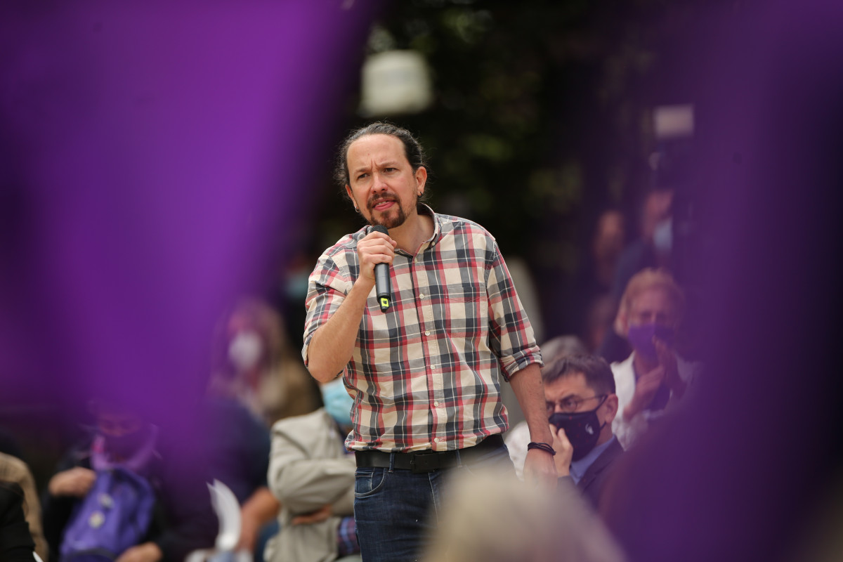 El candidato de Unidas Podemos a la presidencia de la Comunidad de Madrid y secretario general de Podemos, Pablo Iglesias, a 30 de abril de 2021, en el Parque Olof Palme de Usera, Madrid, (España).