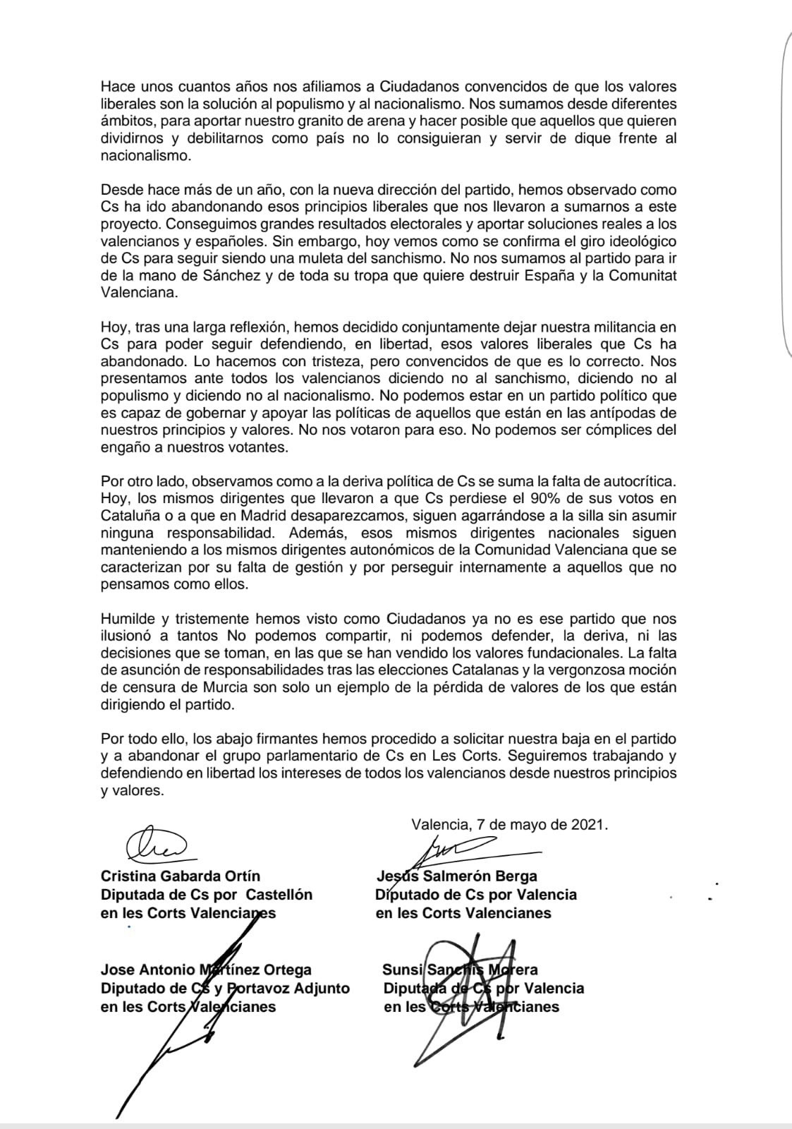 Carta de cuatro diputados de Ciudadanos que abandonan la formación