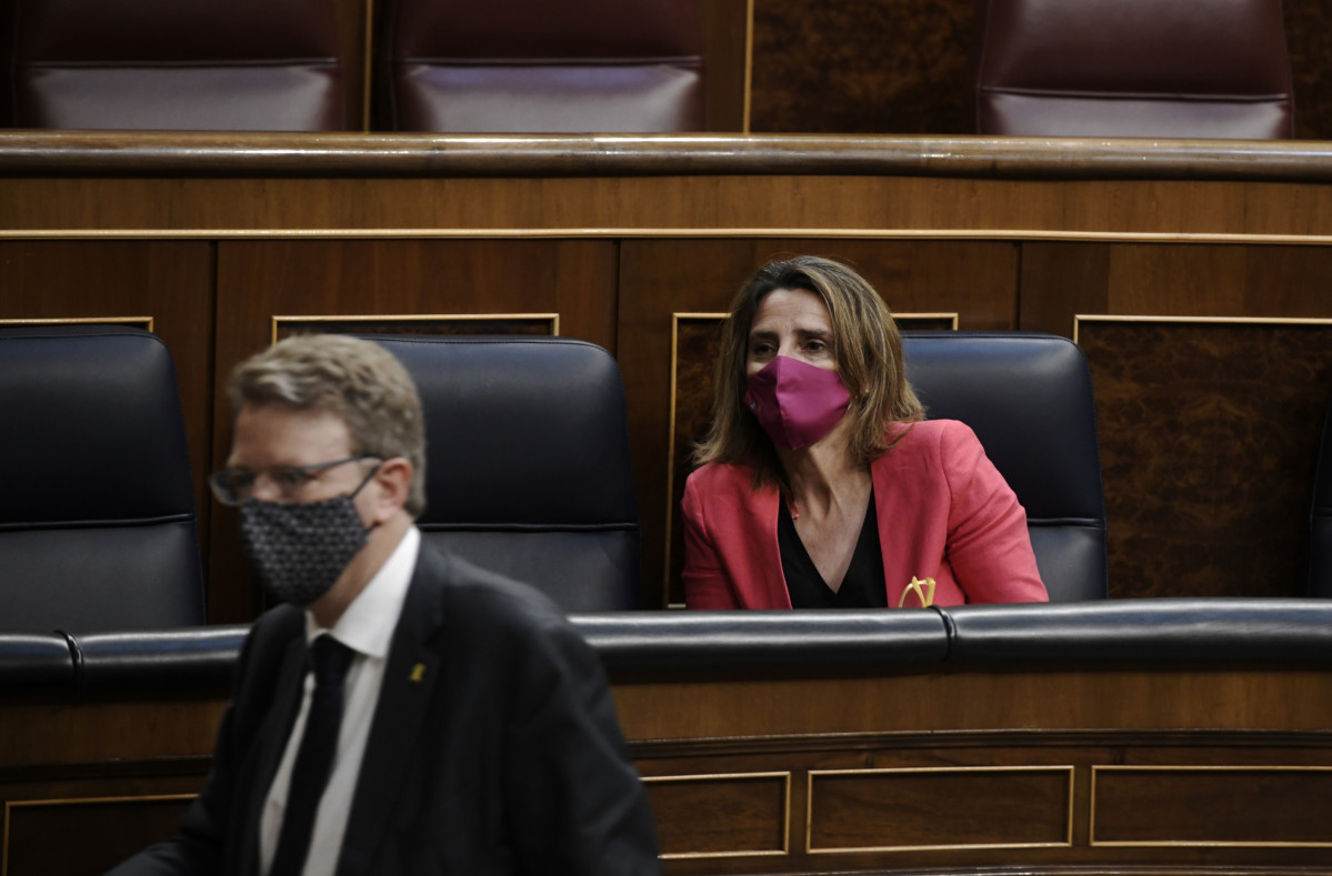 La vicepresidenta y ministra para la Transición Ecológica y el Reto Demográfico, Teresa Ribera, y el portavoz del PDeCAT en el Congreso, Ferran Bel, en una sesión plenaria en el Congreso de los Di