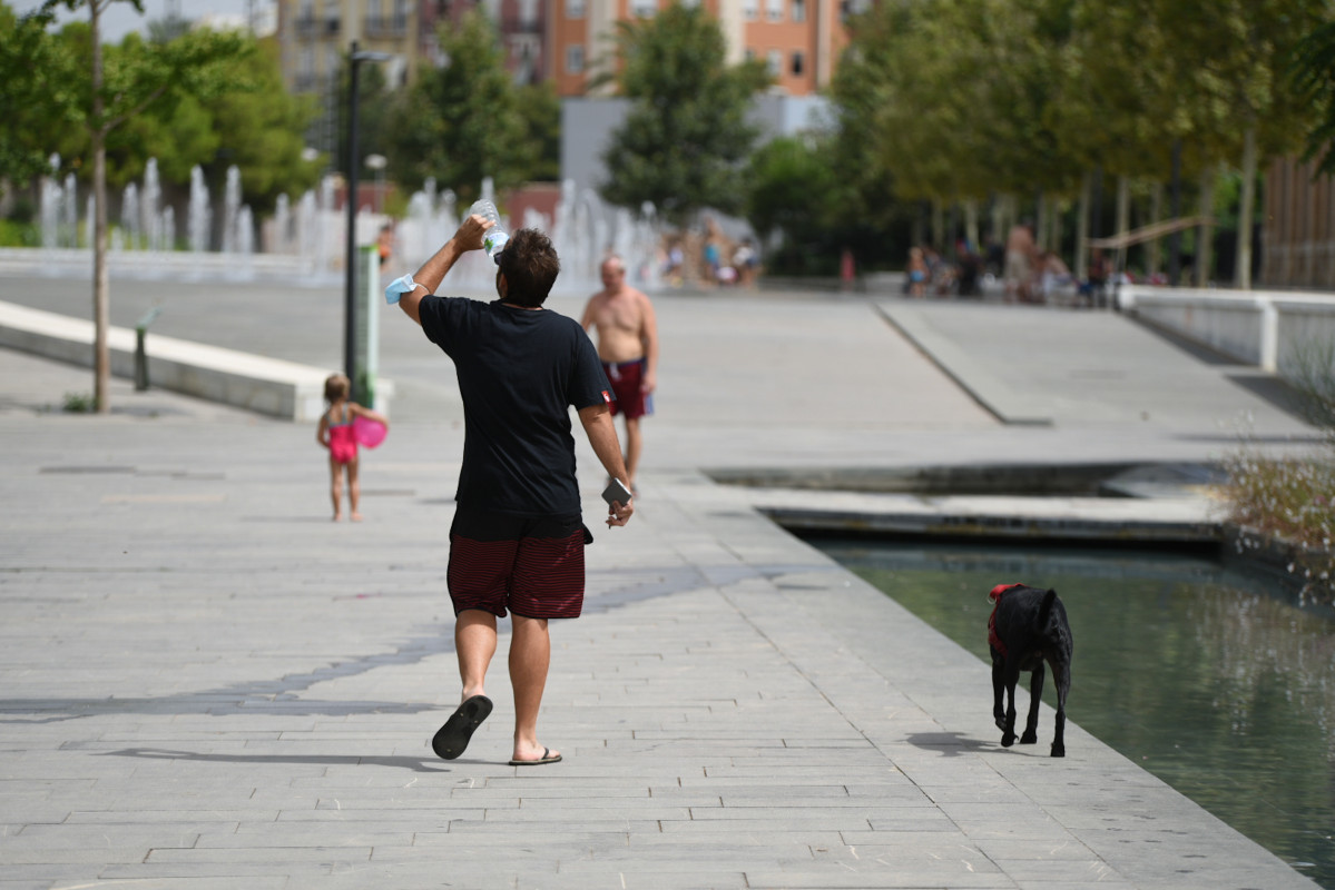 Un hombre pasea con su perro en el Parc Central, a 12 de agosto de 2021, en Valencia, Comunidad Valenciana (España). Como consecuencia de la ola de calor que comenzó ayer en toda España, la Comunit