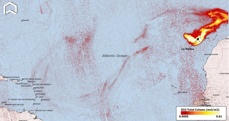El dióxido de azufre del volcán de La Palma alcanzará el Caribe