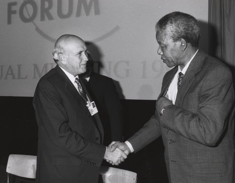 Frederik de Klerk with Nelson Mandela   World Economic Forum Annual Meeting Davos 1992