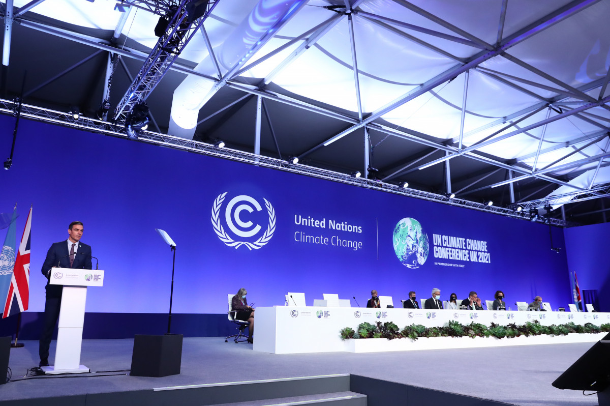 El presidente del Gobierno, Pedro Sánchez, interviene en la segunda jornada de a Conferencia Mundial del Clima, la COP26, a 1 de noviembre de 2021, en Glasgow, (Reino Unido).