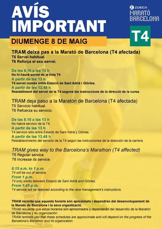 Tram interrumpirá el servicio de la T4 unas horas este domingo por la Marató de Barcelona
