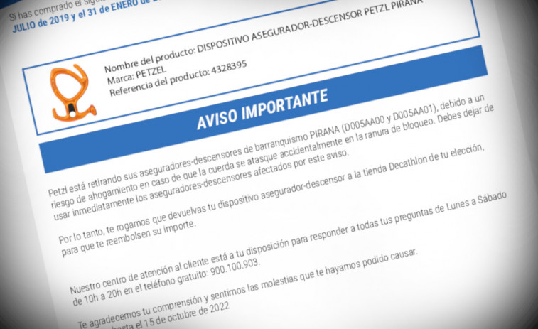 Decathlon alerta de la retirada de un asegurador de barranquismo por riesgo de ahogamiento