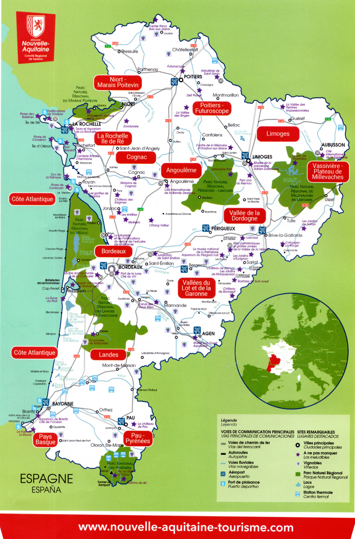 Turismo y viajes.Mapa de la regiu00f3n de Nouvelle Aquitanie