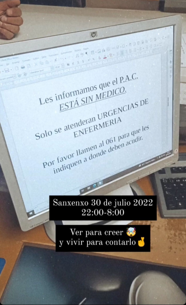 ImagendeuncarteldisendoseenelPACdeSanxenxoavisandodelafaltademdicosenunafotoremitidaporBatasBlancas