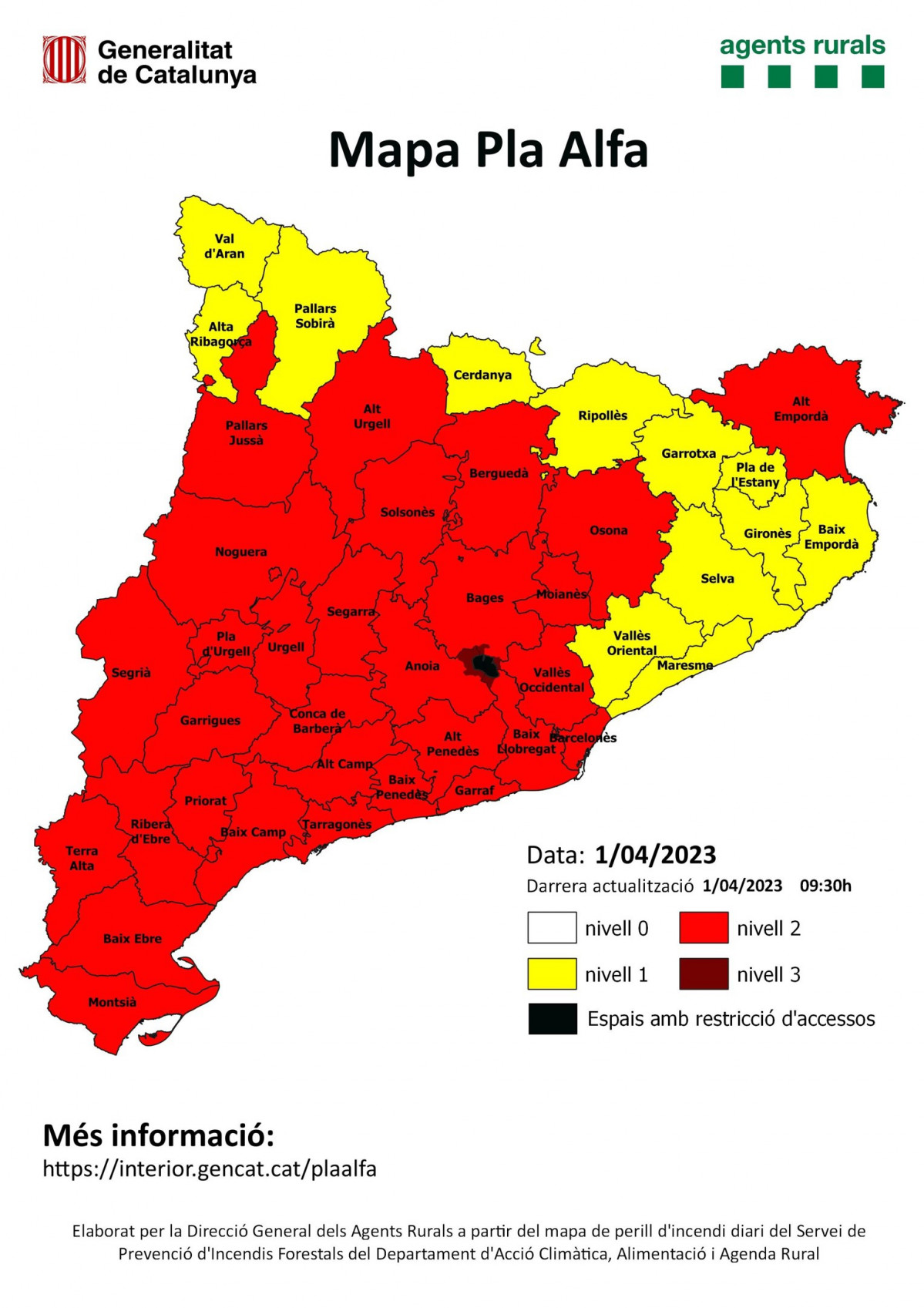Mapa del Pla Alfa de riesgo de incendio para el sábado 1 de abril