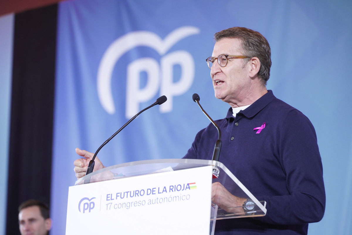 El presidente del Partido Popular, Alberto Núñez Feijóo, interviene durante el Congreso Autonómico del PP, en el Recinto Ferial, a 25 de noviembre de 2023, en Albelda de Iregua, La Rioja (España)