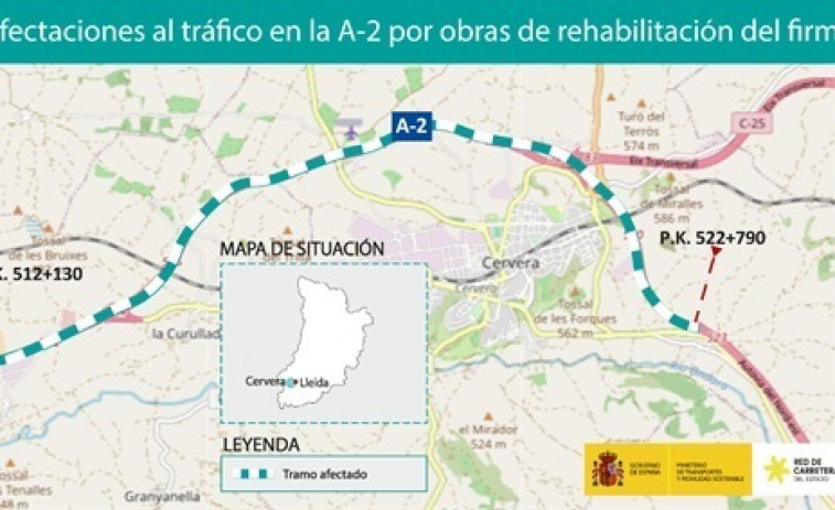 La A-2 registrará afectaciones en Cervera (Lleida) desde este lunes al 4 de octubre por obras