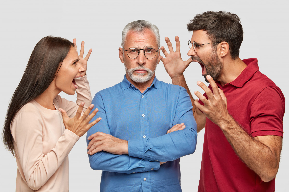 People generation relationships concept angry female male gesture shout with madness their senior father pensioner sort out relations live together one flat being annoyed