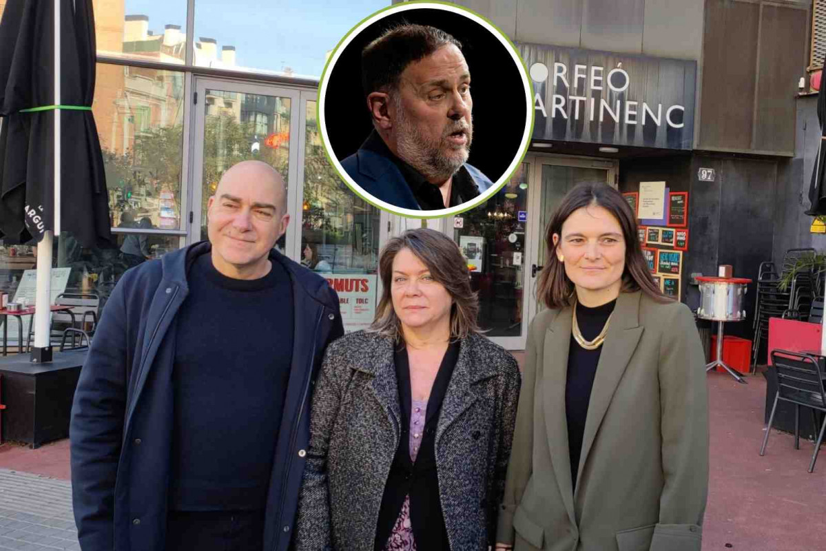 Los candidatos de 'Dignitat Republicana' Creu Carrasco, Miquel Colomé y Rosa Suriñach, en un fotomontaje con Oriol Junqueras   EUROPA PRESS
