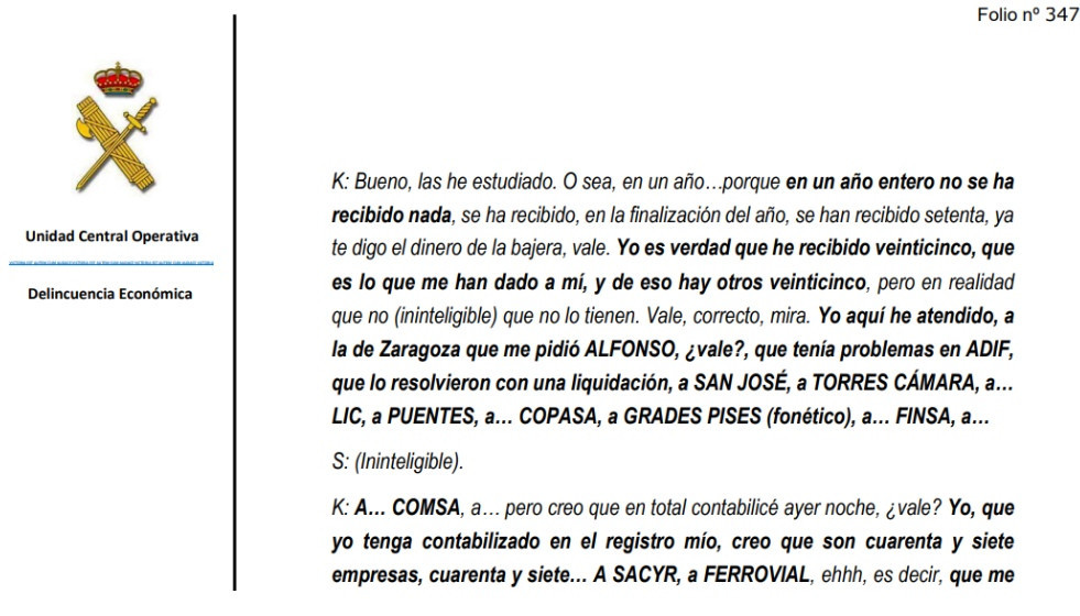 Captura de pantalla del informe de la UCO en el que se transcribe una conversación entre Koldo y Santos Cerdán 2