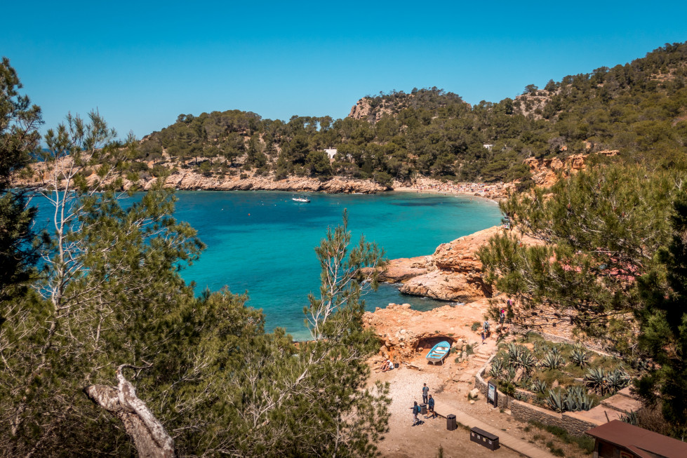 Vista de angulo alto de una laguna azul rodeada de arboles en ibiza