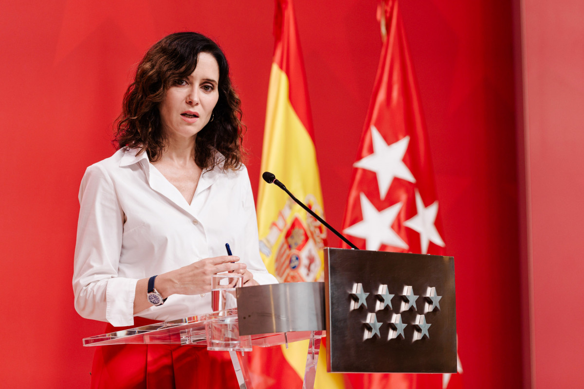 La presidenta de la Comunidad de Madrid, Isabel Díaz Ayuso, comparece en la Real Casa de Correos para denunciar la ruptura de la caja común, a 14 de julio de 2025, en Madrid (España).