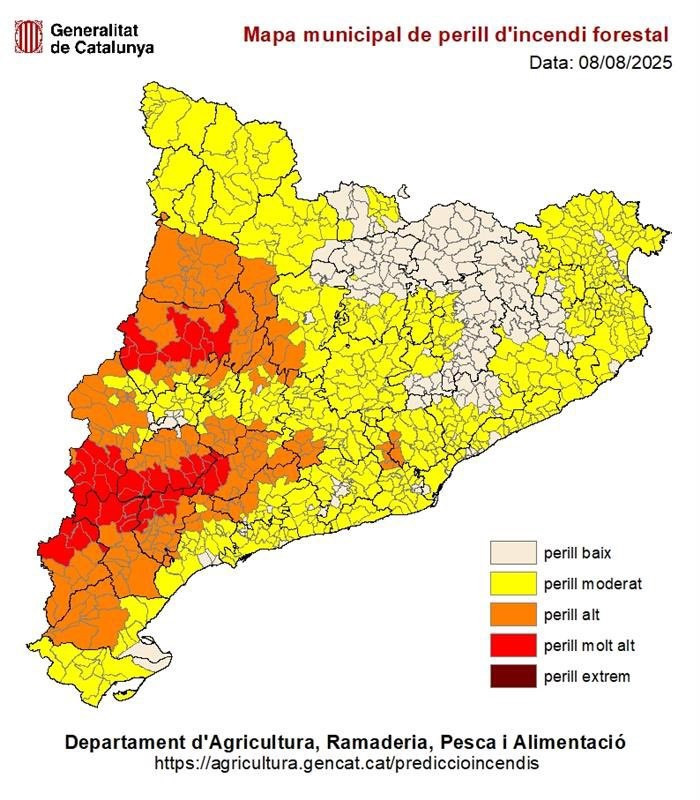 Mapa de riesgo de incendio forestal en Catalunya este viernes