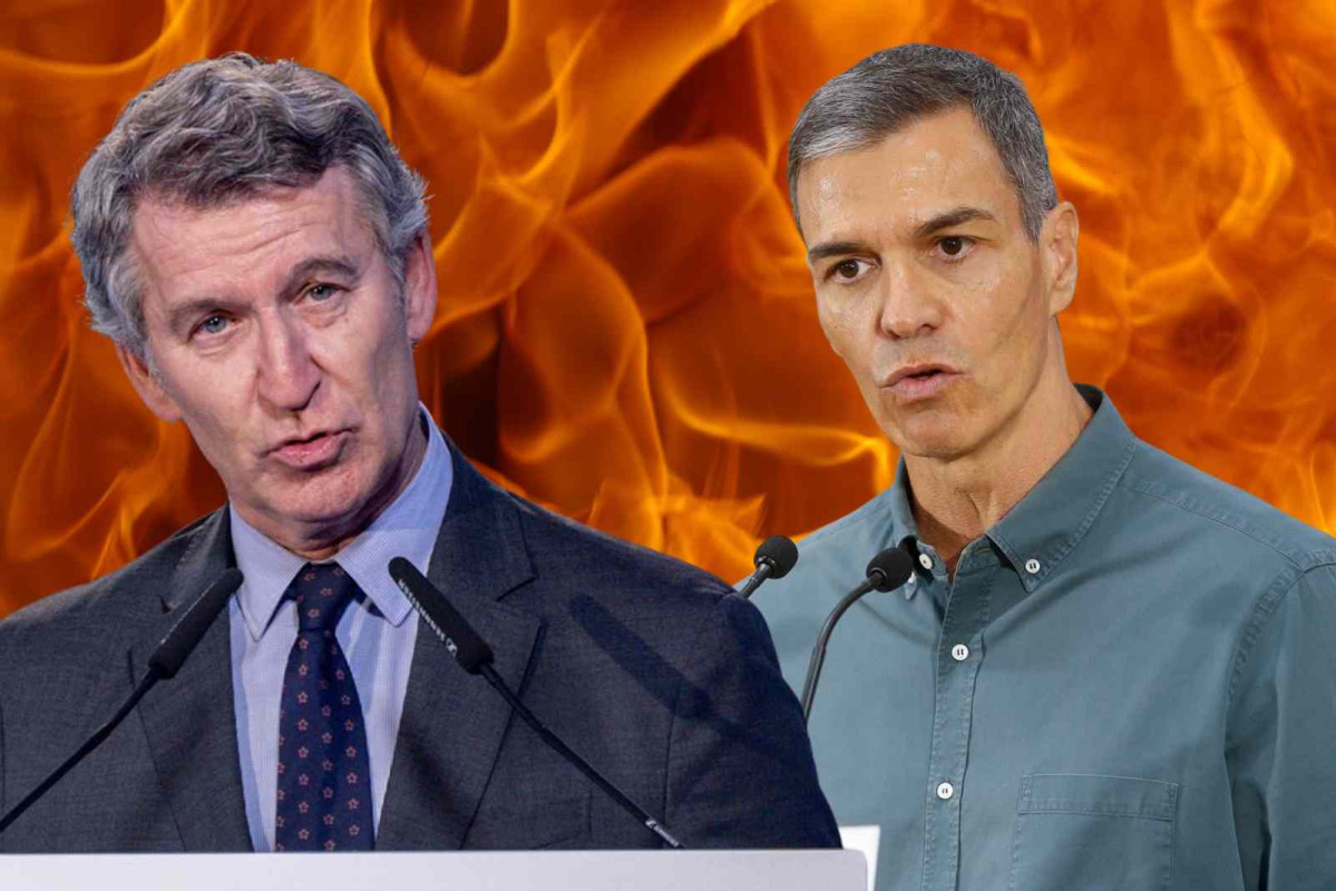 Alberto Núñez Feijóo y Pedro Sánchez sobre un fondo con llamas