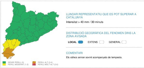 Mapa de avisos por intensidad de lluvia para este sábado