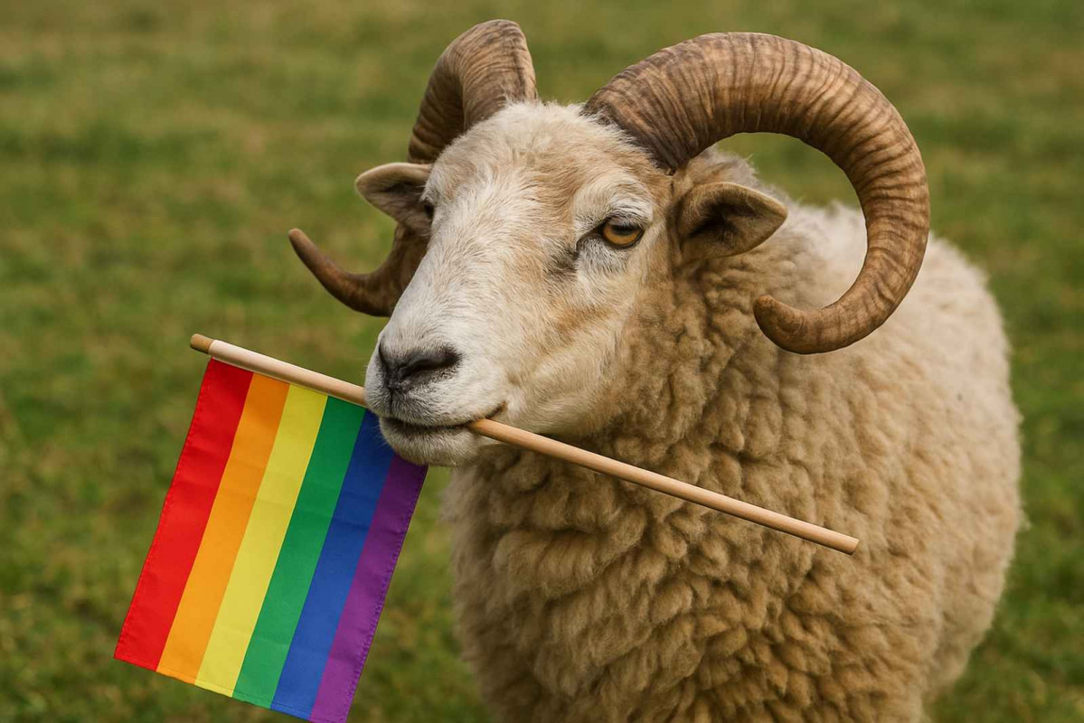 Imagen de un carnero con una bandera LGTBI generada con IA
