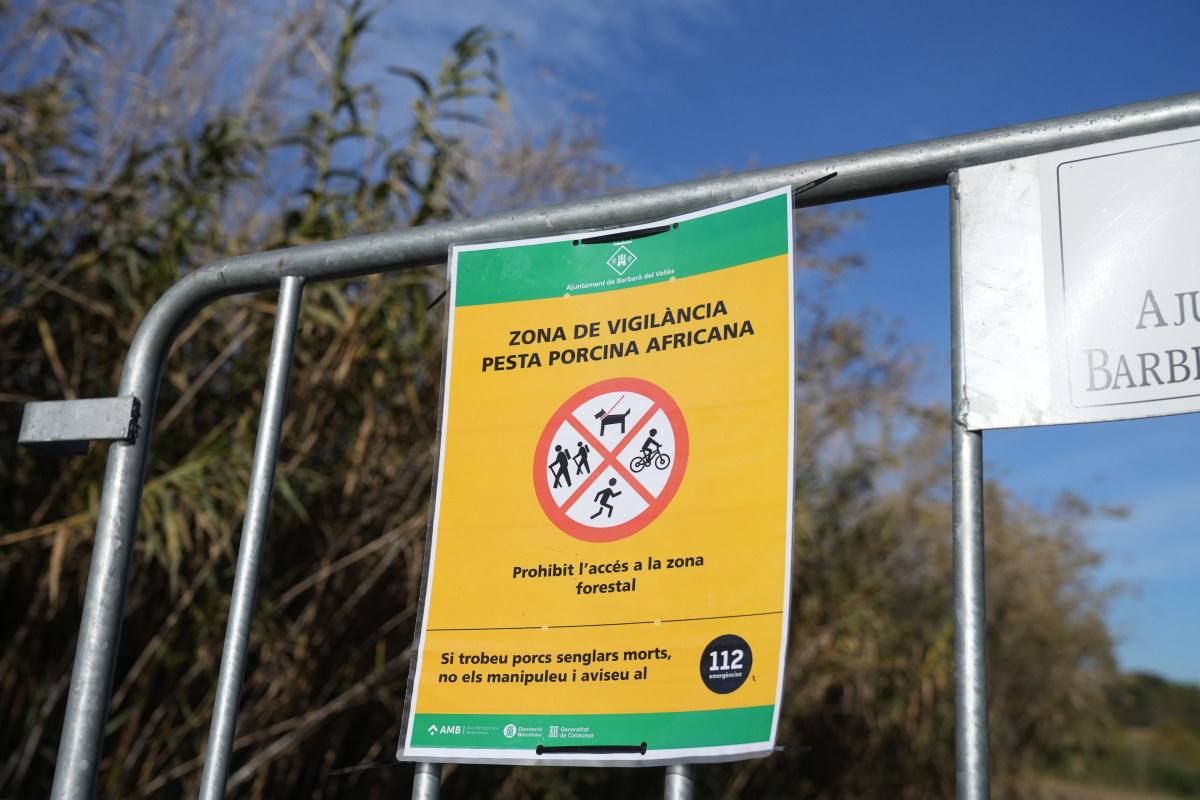 Vallas para cortar el paso de los agents rurals de los Mossos d'Esquadra en las zonas restringidas por la cuarentena ante la peste porcina africana