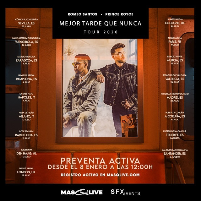 Romeo Santos y Prince Royce incluyen a Barcelona en su gira conjunta 'Mejor Tarde Que Nunca'