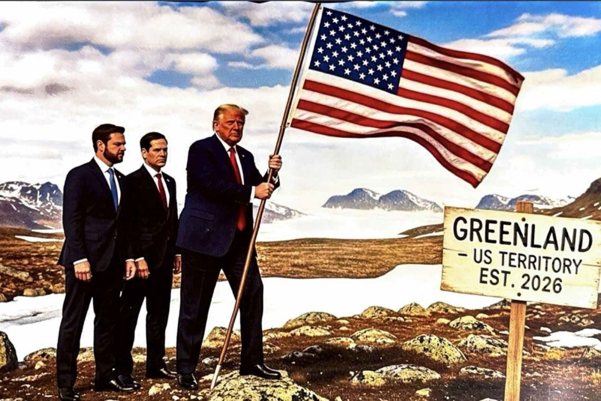 Imagen generada con IA de Donald Trump poniendo la bandera americana en Groenlandia