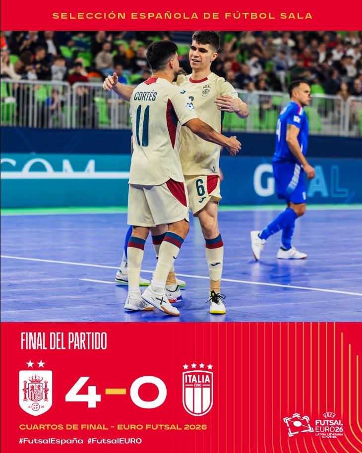 España gana 4-0 a Italia y acaricia las semifinales en un duelo histórico de la Eurocopa de fútbol sala