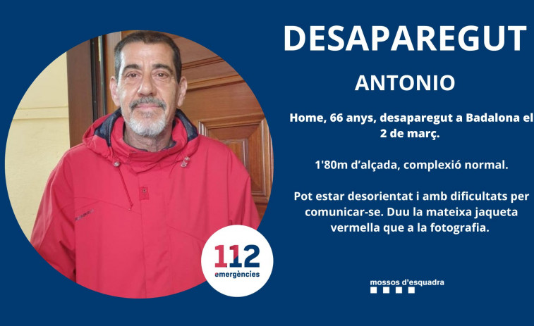 Buscan a Antonio García, un hombre de 66 años con Alzheimer desaparecido en Badalona
