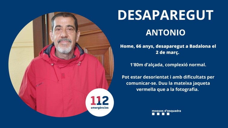Buscan a Antonio García, un hombre de 66 años con Alzheimer desaparecido en Badalona