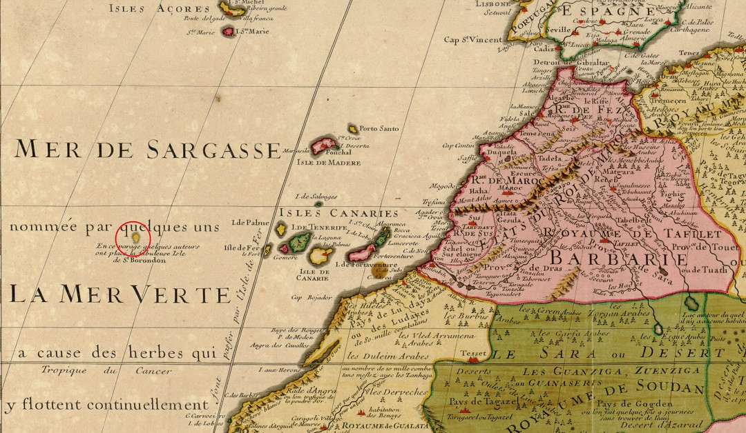 Mapa de Guillaume, de 1707, donde aparece la isla de San Borondu00f3n (detalle)