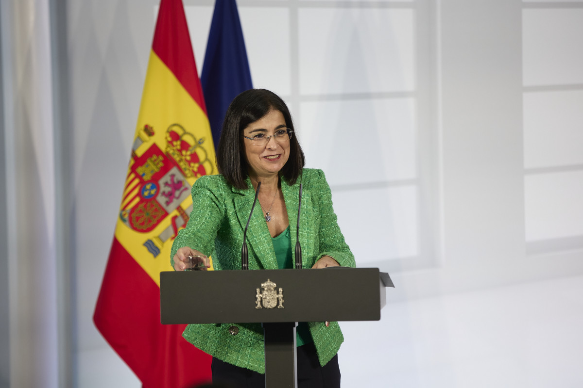 El presidente del Gobierno, Pedro Sánchez, en el actora institucional 'Salud Mental y Covidien-19', en el Palacio de la Moncloa, a 9 de octubre de 2021, en Madrid (España).