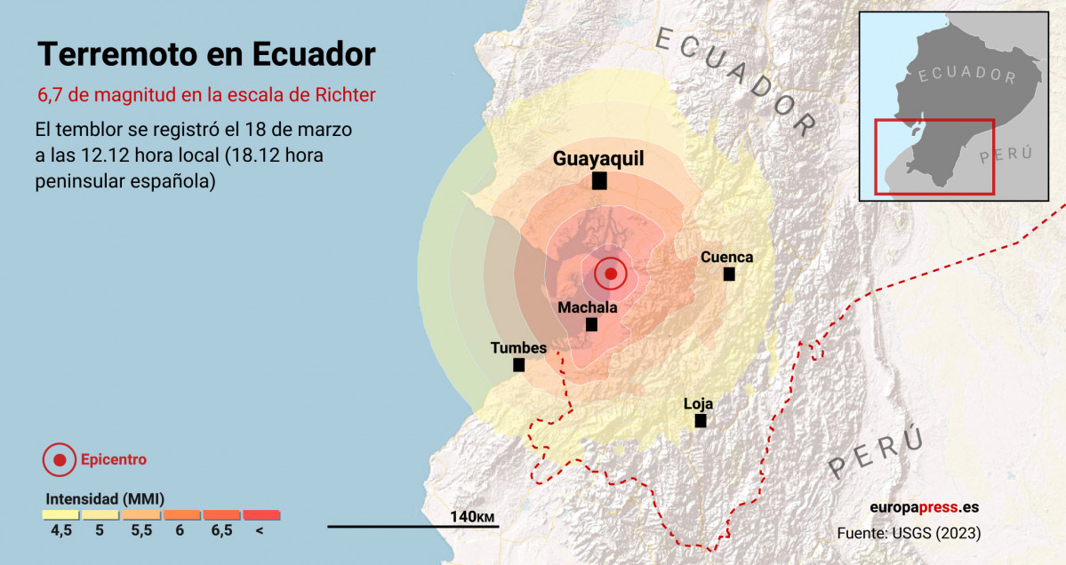 Mapa que representa la localización del terremoto de 6,7 de magnitud en la escalera de Richter que ha sacudido este sábado la costa del Pacífico ecuatoriano